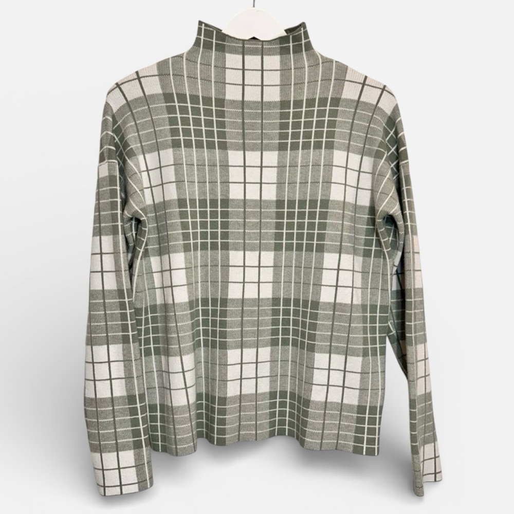 Tahari Mock Neck Sweater Green and White Plaid Medium